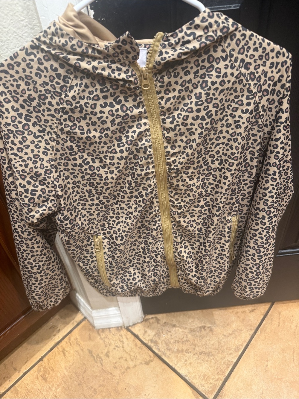 Girls' Leopard Print Hooded Raincoat in Tan